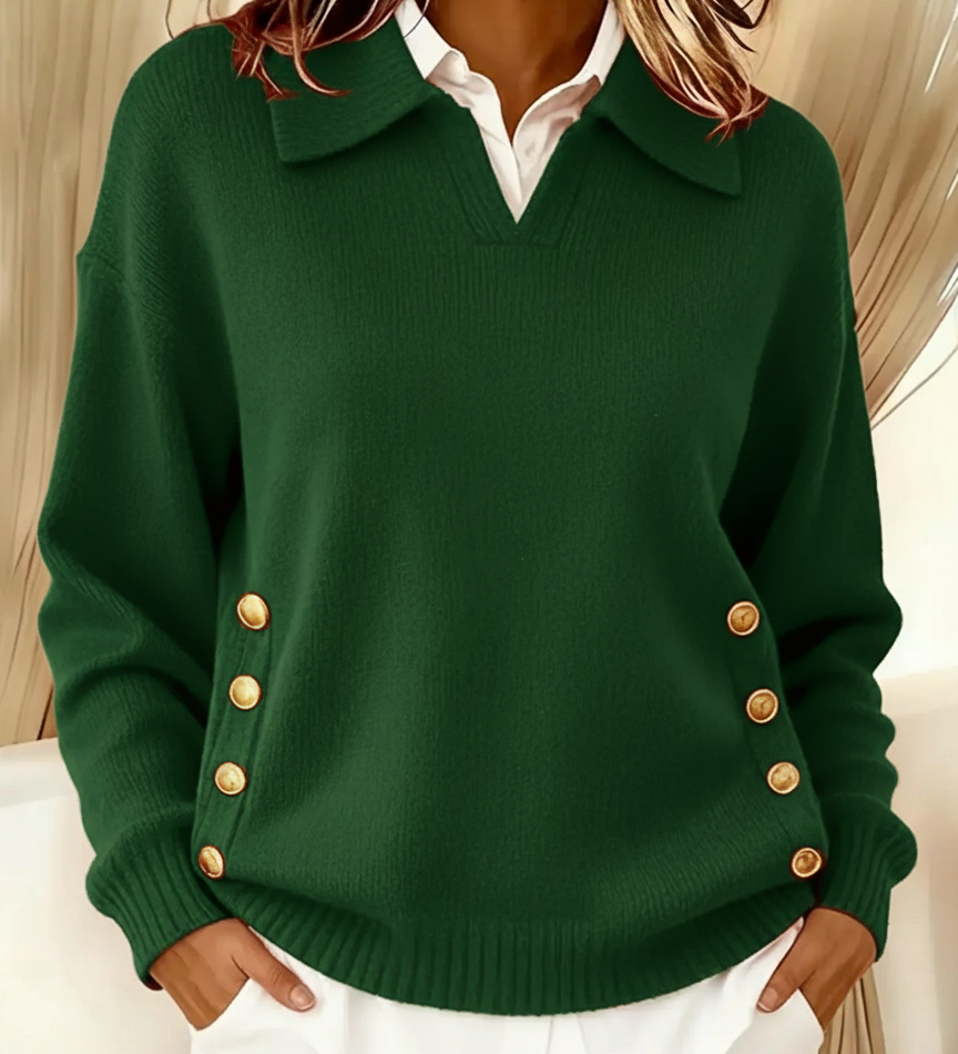 Barbara | Polo Collar Sweater with Gold Buttons