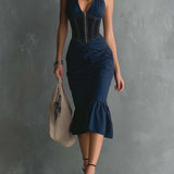 Gloria - Elegant Halter Zipper Ruched Midi Dress