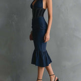 Gloria - Elegant Halter Zipper Ruched Midi Dress