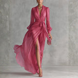 Alexis - Elegant Rose Pink Chiffon V-neck Tie-waist Long Dress