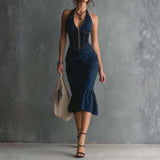Gloria - Elegant Halter Zipper Ruched Midi Dress