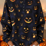 Madeline | Halloween Casual Pumpkin Pattern Henley Collar Long Sleeve Sweatshirt