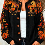 Leona | Halloween-Inspired Black Cat And Pumpkin Art Pattern Knit Cardigan