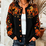 Leona | Halloween-Inspired Black Cat And Pumpkin Art Pattern Knit Cardigan