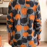 Liana | Lapel Button Halloween-Inspired Pumpkin Black Cat Denim Spliced Blazer Jacket