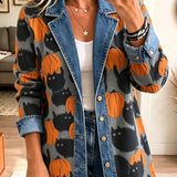 Liana | Lapel Button Halloween-Inspired Pumpkin Black Cat Denim Spliced Blazer Jacket