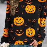Elsie | Halloween-Inspired Pumpkin Print Loose Round Neck Sweatshirt