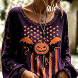 Alana | Halloween-Inspired Purple Pumpkin Bat Star Print V Neck Lace Trim Long Sleeve Blouse