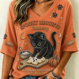 Seraphina | Halloween-Inspired Orange Black Cat Pumpkin Print V Neck Three-Quarter Sleeve Blouse
