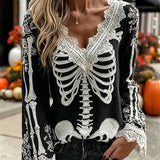 Lucy | Halloween-Inspired Black Skeleton Lace V Neck Long Sleeve Blouse
