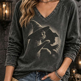 Zara | Halloween-Inspired Dark Grey Witch Cat Print V Neck Long Sleeve Top