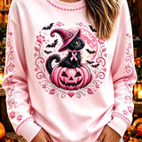 Gabriella | Halloween-Inspired Pink Black Cat Pumpkin Print Round Neck Long Sleeve Sweatshirt