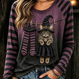 Juniper | Halloween-Inspired Purple Black Stripe Witch Cat Print Round Neck Long Sleeve Top