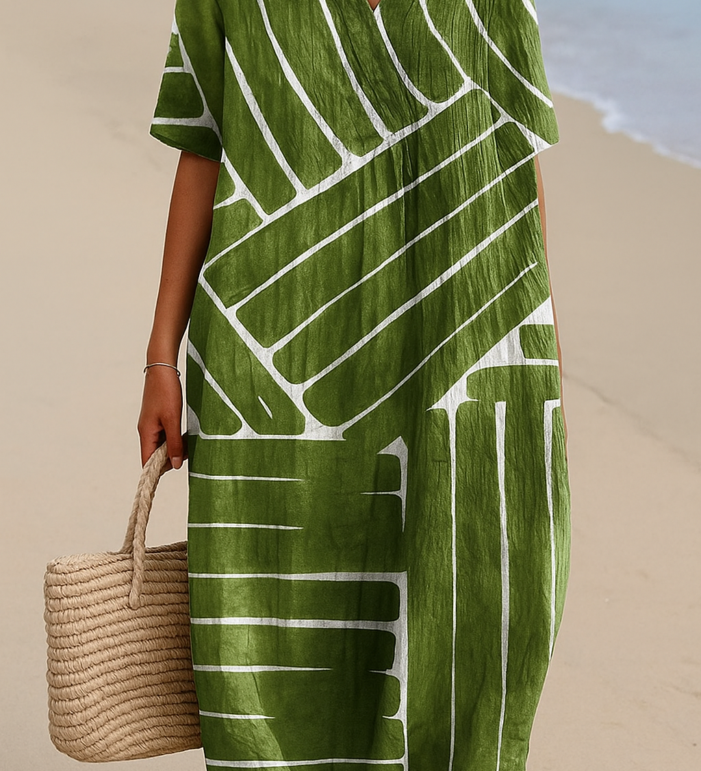 Brittany - Green Dress with Geometric Pattern