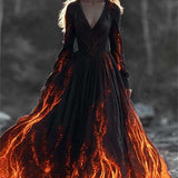 Margaret | Halloween-Inspired Black Flame Print V Neck Long Sleeve Maxi Dress
