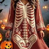 Florence | Halloween-Inspired Multi Skeleton Print V Neck Long Sleeve Mini Dress