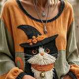 Ruby | Halloween Multi Wizard Cat Embroidery Round Neck Long Sleeve Blouse