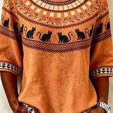 Sabrina | Halloween-Inspired Orange Black Cat Print Round Neck Half Sleeve Blouse