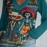 Andrea | Halloween-Inspired Teal Skeleton Print V Neck Long Sleeve Blouse