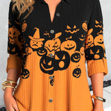 Hannah | Halloween-Inspired Black Orange Pumpkin Print Shirt Collar Long Sleeve Blouse