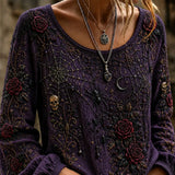Gianna | Halloween-Inspired Purple Gothic Rose Spider Skull Long Sleeve Blouse