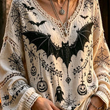 Abigail | Halloween-Inspired Cream Bat Ghost Pumpkin Lace V Neck Long Sleeve Blouse