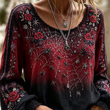 Imogen | Halloween-Inspired Red Black Gradient Spider Rose Print Scoop Neck Long Sleeve Blouse