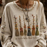 Lauren | Halloween-Inspired Beige Broom Print Round Neck Sweatshirt