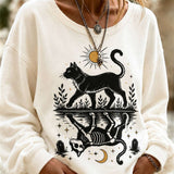 Kiara | Halloween-Inspired Cream Black Cat Skeleton Print Round Neck Long Sleeve Sweatshirt