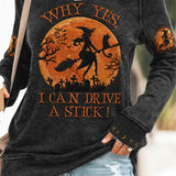 Leah | Halloween-Inspired Black Witch Moon Print Round Neck Long Sleeve Sweatshirt