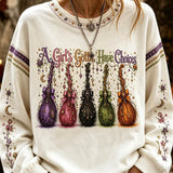 Genevieve | Halloween-Inspired White Witch Broom Print Round Neck Long Sleeve Sweatshirt