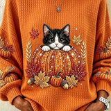 Naomi | Halloween-Inspired Orange Cat Pumpkin Maple Leaf Print Round Neck Long Sleeve Top