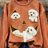 Freya | Halloween-Inspired Rust Maltese Dog Pumpkin Face Print Round Neck Top
