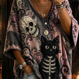 Ada | Halloween-Inspired Multi Skull Cat Print V Neck Three Quarter Sleeve Top