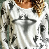 Anabelle | Halloween-Inspired White Handprint Print Round Neck Long Sleeve Top