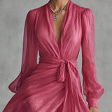 Alexis - Elegant Rose Pink Chiffon V-neck Tie-waist Long Dress