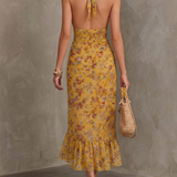 Emery - Ginger Yellow Floral Halter Neck Fitted Waist Chiffon Midi Dress