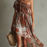 Dawn - Boho One-shoulder Irregular Marble Abstract Print Chiffon Midi Dress