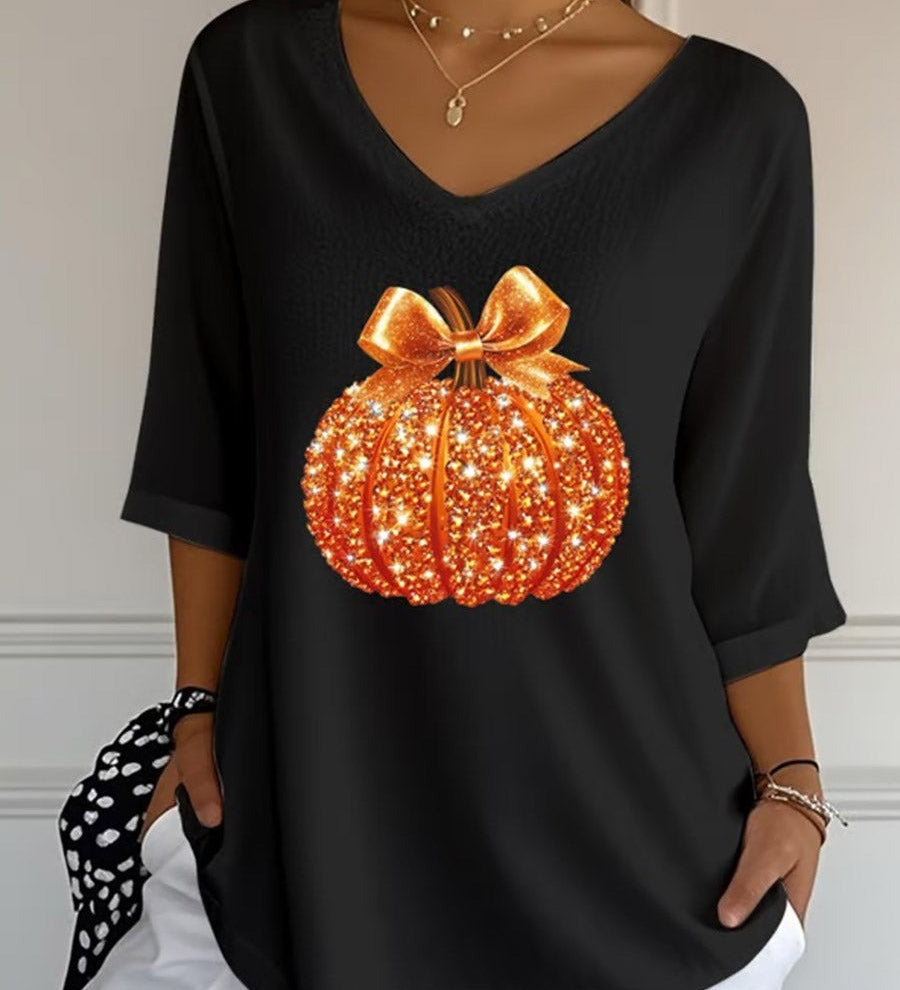 Camila | Halloween Sequined Pumpkin Print V-Neck Three-Quarter Sleeve Casual Loose Blouse
