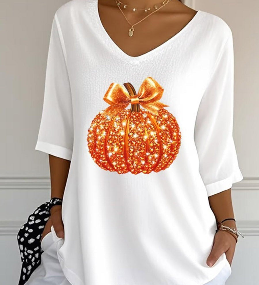 Camila | Halloween Sequined Pumpkin Print V-Neck Three-Quarter Sleeve Casual Loose Blouse