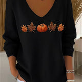 Lydia | Halloween Autumn Maple Leaf and Pumpkin Print Long Sleeve V-Neck Casual Sweatshirt
