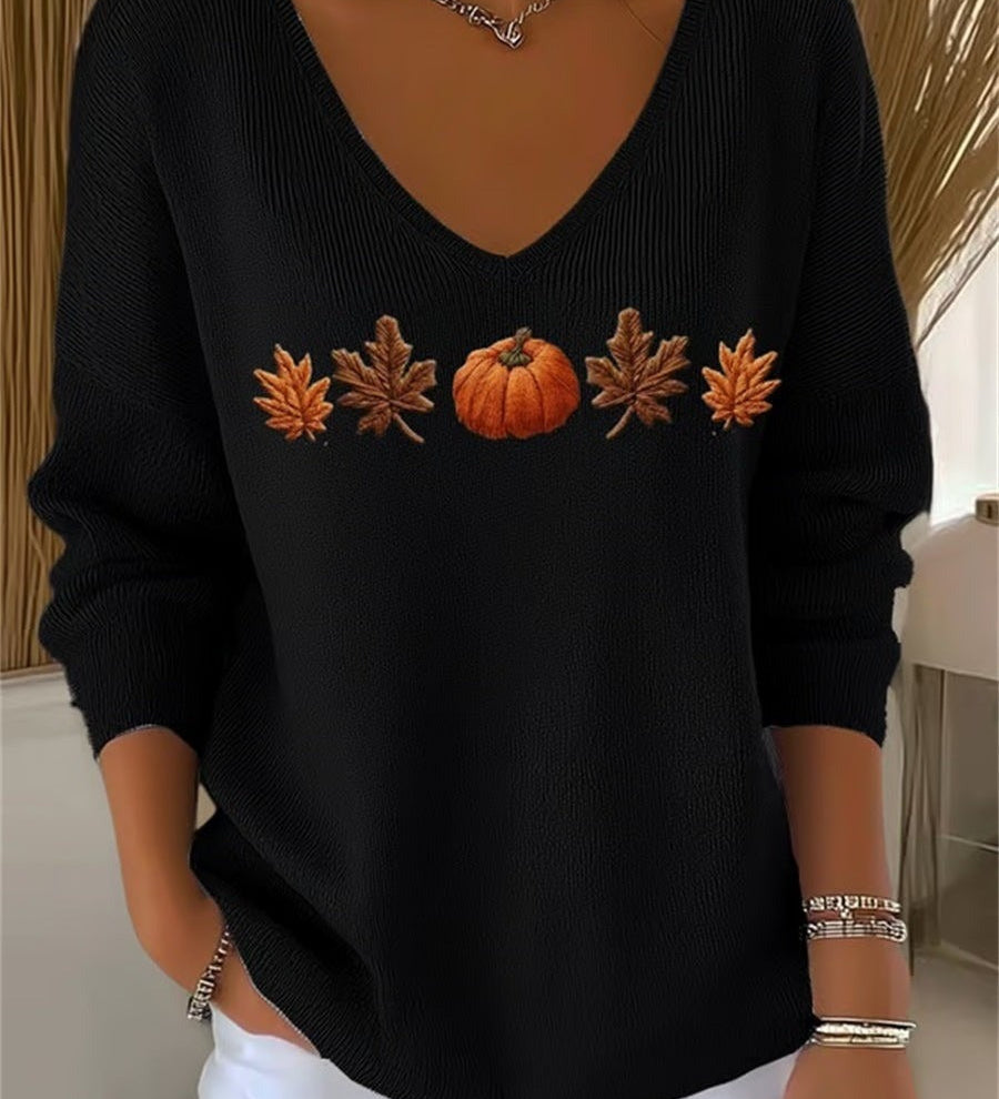 Lydia | Halloween Autumn Maple Leaf and Pumpkin Print Long Sleeve V-Neck Casual Sweatshirt