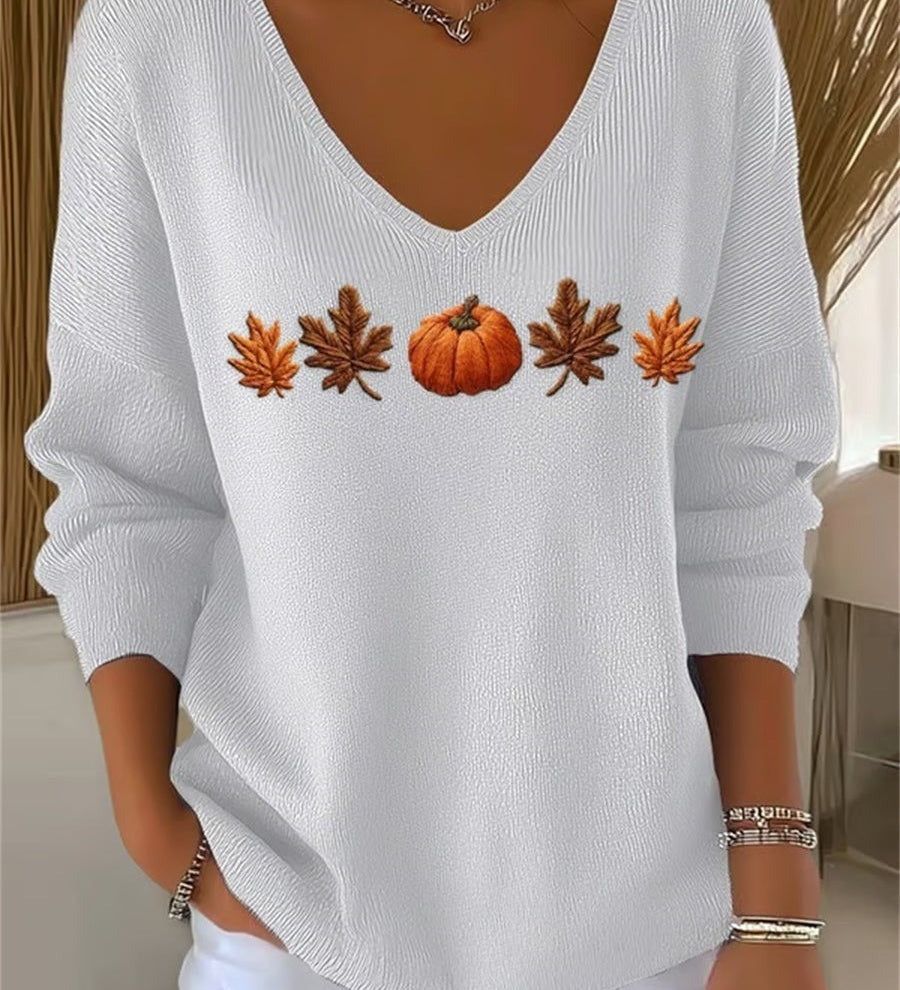 Lydia | Halloween Autumn Maple Leaf and Pumpkin Print Long Sleeve V-Neck Casual Sweatshirt