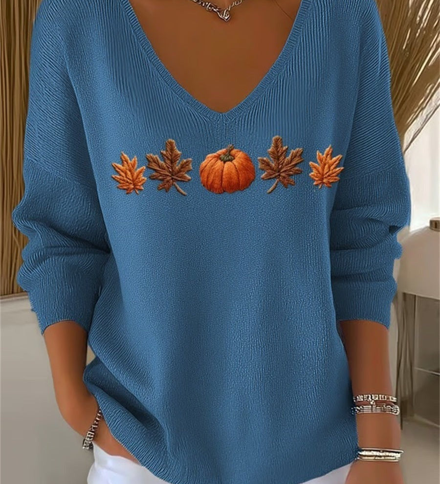 Lydia | Halloween Autumn Maple Leaf and Pumpkin Print Long Sleeve V-Neck Casual Sweatshirt