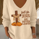 Ivana | Halloween Fall for Jesus Pumpkin Cross Print V-Neck Long Sleeve Autumn Sweater
