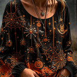 Josephine | Halloween-Inspired Spider Web Pumpkin Print Round Neck Long Sleeve Blouse