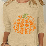 Rose | Halloween-Inspired Pumpkin Print Round Neck Long Sleeve Blouse