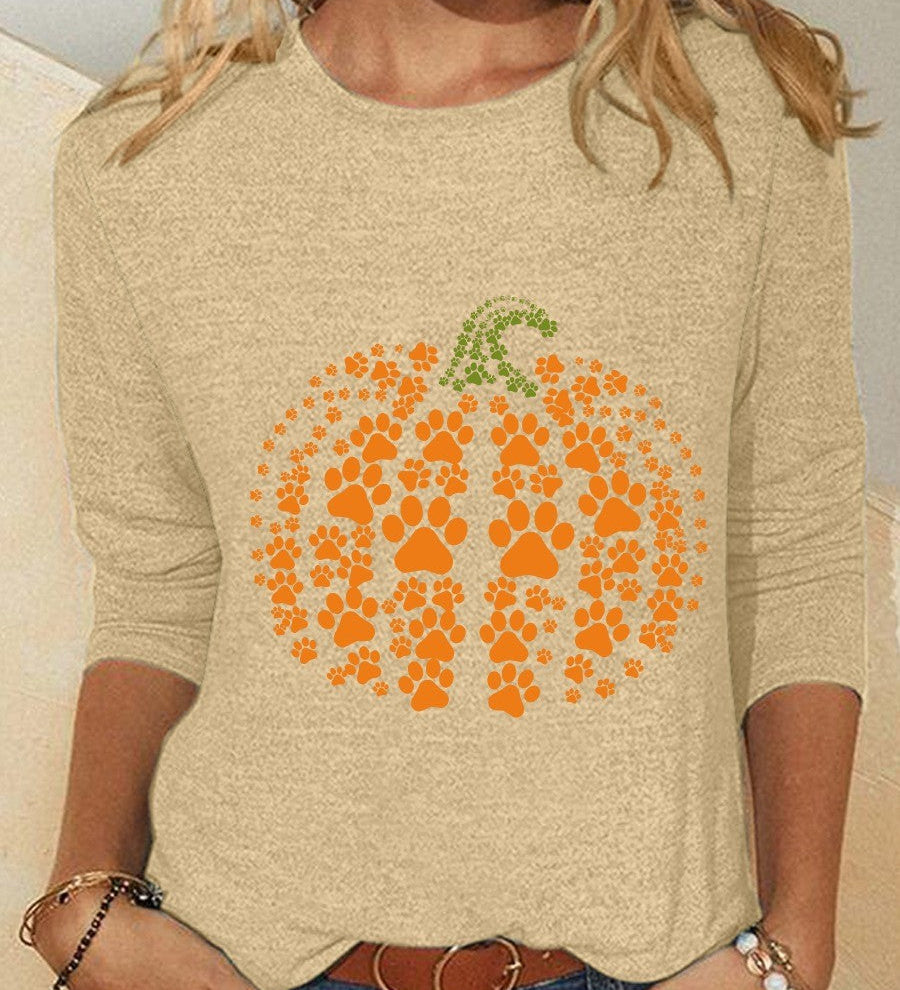 Rose | Halloween-Inspired Pumpkin Print Round Neck Long Sleeve Blouse
