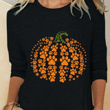 Rose | Halloween-Inspired Pumpkin Print Round Neck Long Sleeve Blouse