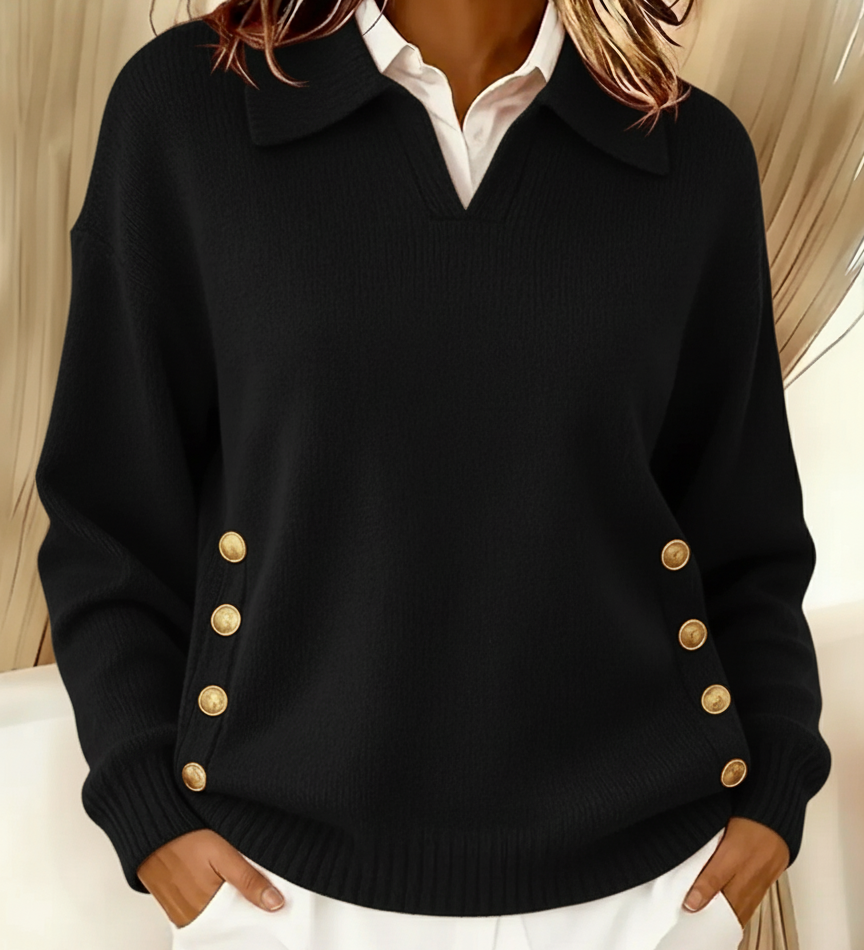 Barbara | Polo Collar Sweater with Gold Buttons